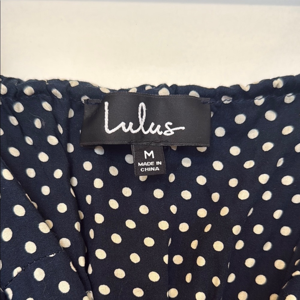 LULUS, Dream Love Navy Blue Polka Dot Off-the-Shoulder Maxi Dress - Picture 8 of 11